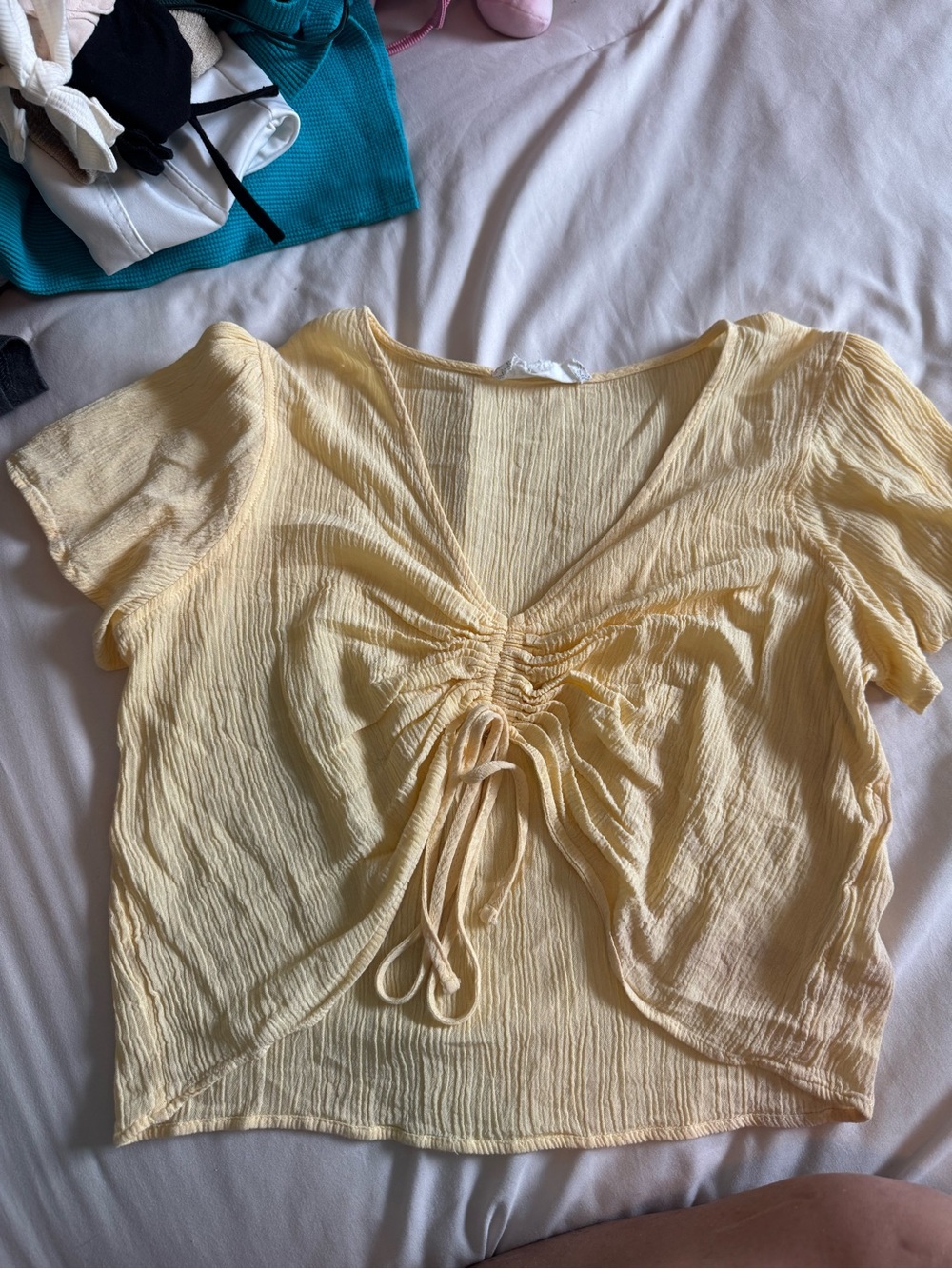 Light Yellow Ruched V-Neck Women's Top